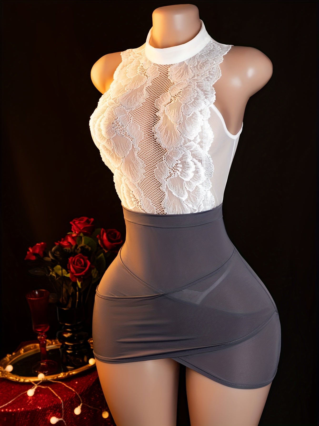 New sexy see-through pure desire secretary outfit with lace bag hip skirt and body suit uniform seduction suit for dating, nightgown dress for bed without taking off, pure uniform suit, including: hip bag skirt + T pants